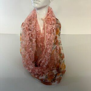 Floral Lace Infinity Scarf Pink Orange Rose Print Feminine Cottagecore Elegant